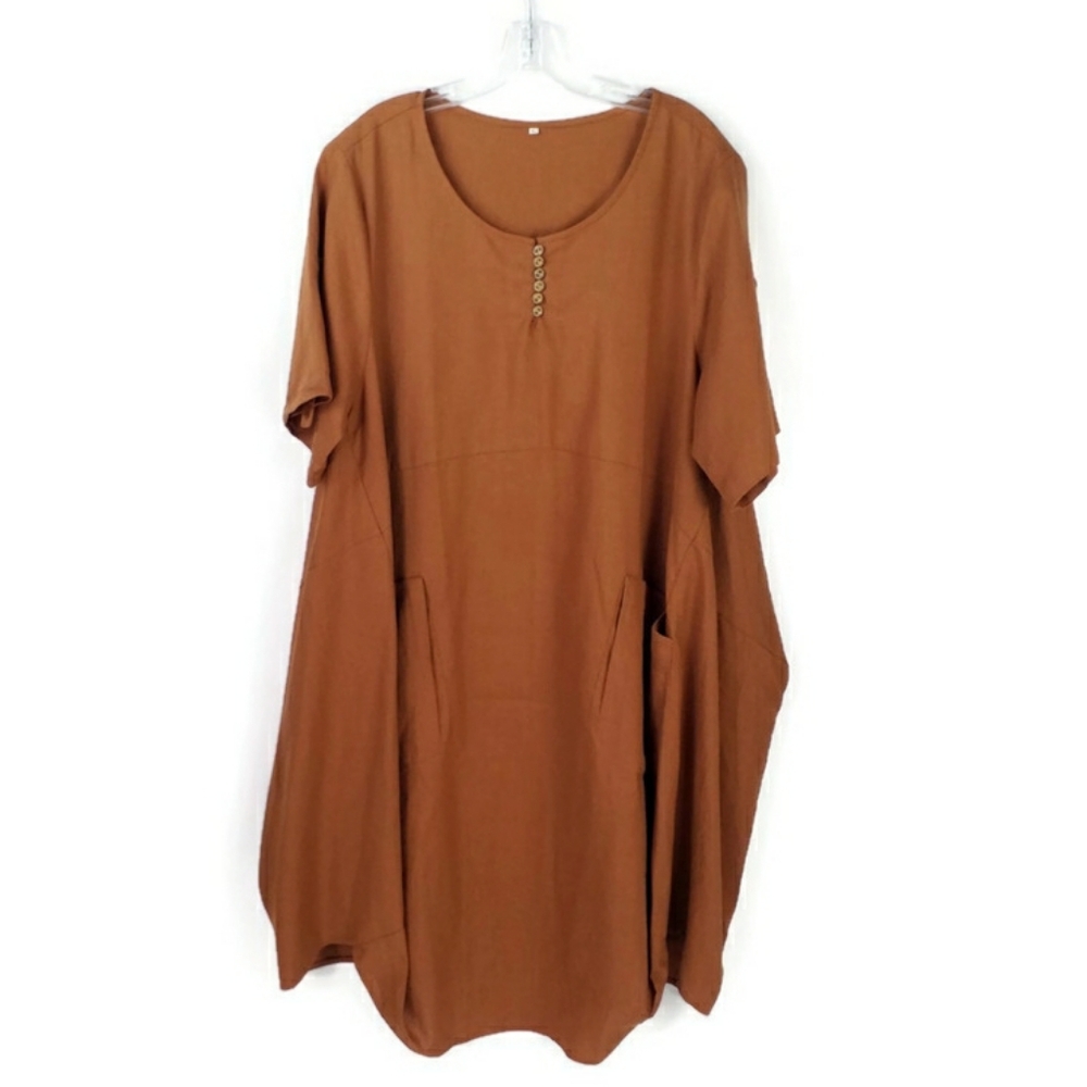 Minibee Brown Short Roll Tab Sleeve Lagenlook Linen Midi Dress Womens Large NWT